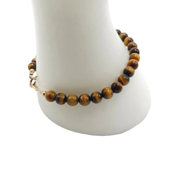 14k Gold Filled Tiger Eye Round Shape Beads Bangle Bracelet Vintage - Picture 2 of 5
